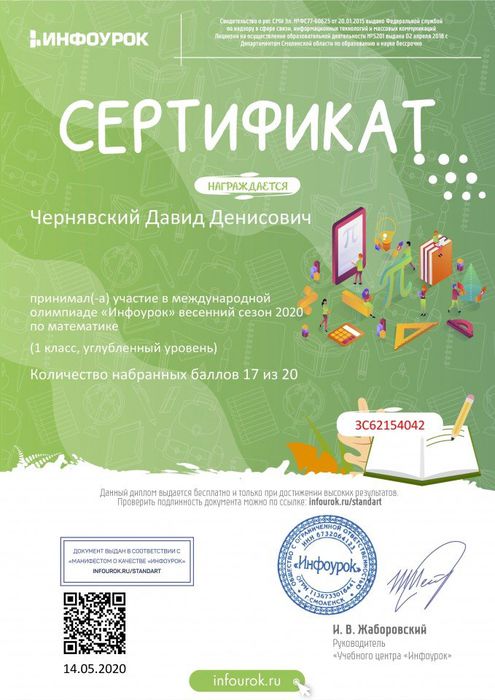 Сертификат проекта infourok.ru №ЗС62154042